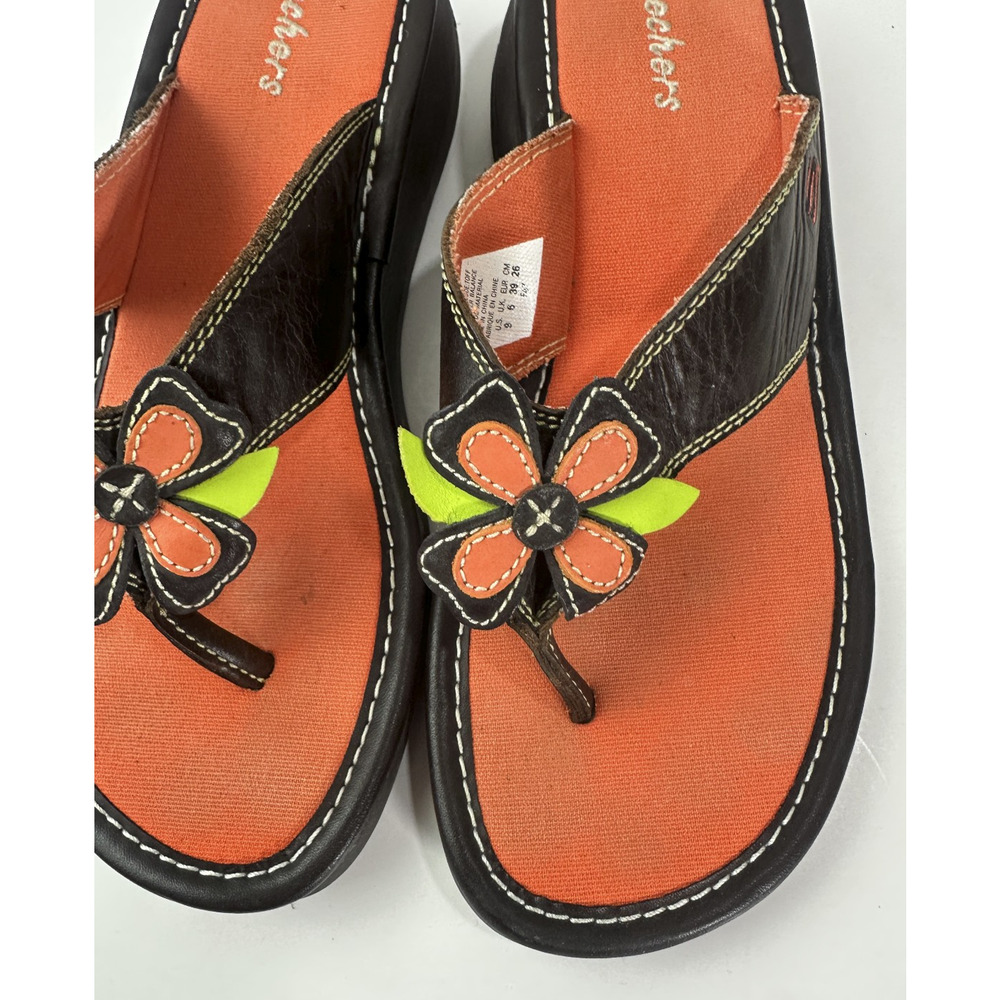 Skechers Y2K Style Flower Flip Flop Sandals Leather Size 9 Hippie Boho Festival - Picture 4 of 14